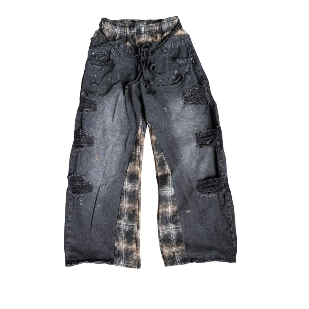 Washed Double Waist Slant Flared Distressed Denim Jeans Mens 34